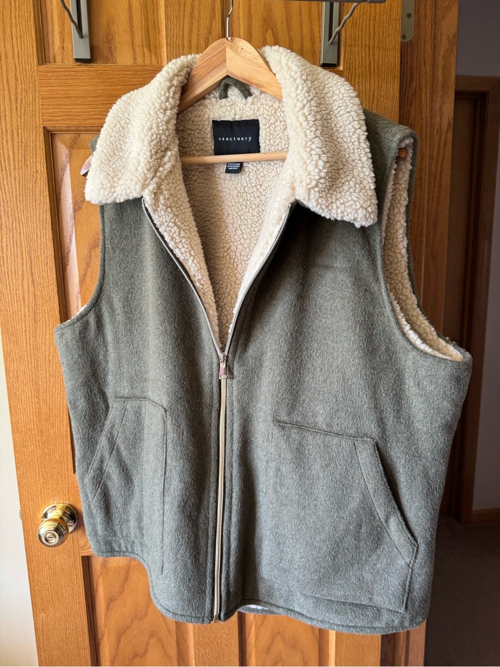 Sanctuary Olive Zip-Front Vest with Cream Sherpa Collar